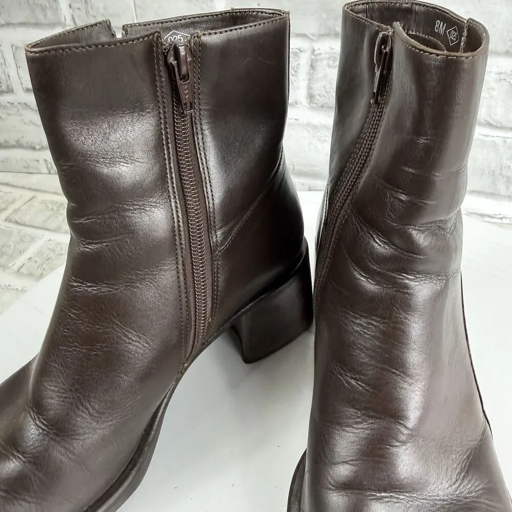 Diba Women's Size 8 VINTAGE Brown Leather Block Heel Chunky Y2K Zip Boots